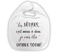 Générique Bavoir bébé annonce grossesse « Je vais être grande sœur » - Annonce originale future fratrie - Bavoir doux 0-3 ans - Bordure bleu rose ou blanc (Grande soeur)