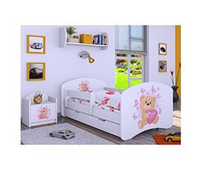 Générique BDW Lit bébé avec Matelas et Coffre de lit, 140/160/180/190 Motifs différents pour garçon Blanc (Ours Amoureux, 180 x 90), venge foncé