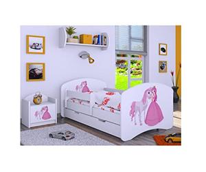 Générique BDW Lit pour Enfant avec Matelas et tiroir de lit - 140/160/180/190 - Différents Motifs pour garçon - Blanc (Princesse avec Cheval, 140 x 70)