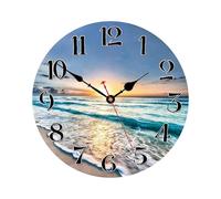 Générique Beach Wall Clock - 30cm Easy Read | Wood Retro Numeral Timepiece, Non Ticking Silent Theme Hanging Clock Decor for Home Kitchen Bathroom Living Room Coastal Workplace Ornament