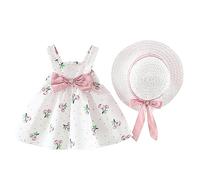 Générique Bébé Robe d'été décontractée pour Fille en Coton avec Chapeau 2pcs Ensemble Fraise Pois Fleur à Imprimé Noeud Papillon sans Manches Marige Princess Ceremonie Naissance (01 Rose, 12-18 Mois)