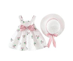 Générique Bébé Robe d'été décontractée pour Fille en Coton avec Chapeau 3pcs Ensemble Fraise Pois Fleur à Imprimé Noeud Papillon sans Manches Marige Princess Ceremonie Naissance