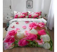 Générique Bedding Fleurs Papillons Tulipes Housses de Couette 220 x 240 cm, Housses de Couette en Microfibre Douce Parure 3 Pièces avec 2 Taies d'oreiller 65 x 65 cm avec Fermeture éclair Blanc