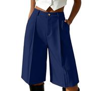 Générique Bermuda Chic Femme Taille Haute Short Long Plissé Fluide avec Poches Jupe Culotte Ample Bouton Costume Élégant Coupe Droite Vêtement Mode Décontracté pour Bureau Travail Rendez-Vous