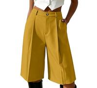 Générique Bermuda Chic Femme Taille Haute Short Long Plissé Fluide avec Poches Jupe Culotte Ample Bouton Costume Élégant Coupe Droite Vêtement Mode Décontracté pour Bureau Travail Rendez-Vous