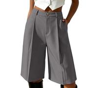 Générique Bermuda Chic Femme Taille Haute Short Long Plissé Fluide avec Poches Jupe Culotte Ample Bouton Costume Élégant Coupe Droite Vêtement Mode Décontracté pour Bureau Travail Rendez-Vous