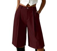Générique Bermuda Chic Femme Taille Haute Short Long Plissé Fluide avec Poches Jupe Culotte Ample Bouton Costume Élégant Coupe Droite Vêtement Mode Décontracté pour Bureau Travail Rendez-Vous
