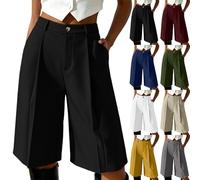 Générique Bermuda Chic Femme Taille Haute Short Long Plissé Fluide avec Poches Jupe Culotte Ample Bouton Costume Élégant Coupe Droite Vêtement Mode Décontracté pour Bureau Travail Rendez-Vous