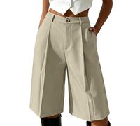 Générique Bermuda Chic Femme Taille Haute Short Long Plissé Fluide avec Poches Jupe Culotte Ample Bouton Costume Élégant Coupe Droite Vêtement Mode Décontracté pour Bureau Travail Rendez-Vous