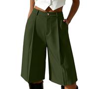 Générique Bermuda Chic Femme Taille Haute Short Long Plissé Fluide avec Poches Jupe Culotte Ample Bouton Costume Élégant Coupe Droite Vêtement Mode Décontracté pour Bureau Travail Rendez-Vous