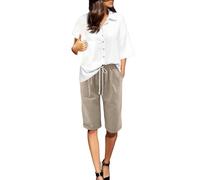 Générique Bermuda en Lin Femme Taille Haute Élastique à Cordon de Serrage, Coupe Large Longueur Genou avec Poches, Pantacourt Décontracté pour l'Été