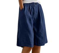 Générique Bermuda Femme Ete Short D'été en Lin avec Poches Longueur Genou Bermuda à Jambe Large Taille élastique Femmes Shorts Et Bermudas De Plage Décontracté Grande Taille