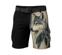 Générique Bermuda Homme À Motif Tête De Loup avec Passants De Ceinture Et Poches Short Cargo Décontracté Résistant Fonctionnel Pantalon Mi-Long en Tissu Souple Confort Optimal Short