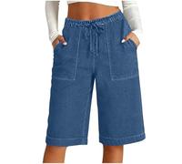 Générique Bermuda Jean Femme Été, Uni, Taille Haute Élastique Cordon Serrage, Deux Poches, Effet Affinant, Coupe Droite Large, Look Chic Décontracté, Polyvalent Soirées Plage Quotidien