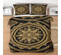 Générique Bettwäsche 3 Teilig 200x200 Mandala Blumen, Böhmen Ethnisch Bettwäsche-Set Mikrofaser, Schwarz Gold Wende Bettbezug mit 2 Kissenbezug und Reißverschluss C190D