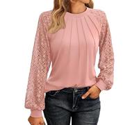 Générique Black Friday 2024 Chicrise Tshirt Manche Longue Femme Chic et élégant Col Rond Longue À Manches Dentelle avec Plis sur La Poitrine 2024 Cadeau Femme Rose S