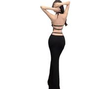 Générique Black Halter Neck Dress for Women, Halter Neck Backless Long Dress, Sexy Sleeveless Fish Tail Bodycon Maxi Club Party Prom Evening Dresses (M)