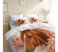 Générique Blanc Housse de Couette 240 x 260 cm, avec 2 Taies d'oreiller 65 x 65 cm, MotifStyle Dessin Animé Portrait Cheval, Parure de Lit avec Fermeture Éclair, Couette 4 Saisons