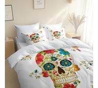 Générique Blanc Parure de lit Réversible 240 x 260 cm - Set Housse de Couette Crâne Abstrait Floral et 2 x Taies d'oreiller - Parure de Linge de Lit avec Fermeture Éclair - Couette 4 Saisons