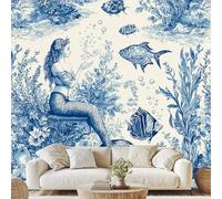 Générique Bleu Blanc Porcelaine Toile De Jouy Papier Peint Sirène Poisson Océan Autocollant Mural 450x315 cm Poster pour Chambre Salon Decoratif