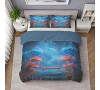 Générique Bleu Ciel Fantaisie Parure de Lit Réversible Respirante Extra Doux Set de Housse Couette avec Fermeture Éclair, Plantes Balançoire Champignon Rêveur Motif, pour Enfants Adulte, 140 x 190 cm