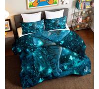 Générique Bleu Couette 220 x 240 cm - Réversible Édredon Respirante et Ultra Douce pour 4 Saisons + 2 taies d'oreiller, pour lit 2 Personnes, Chat Tigré Onirique avec Papillons Lumineux
