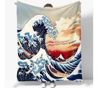 Générique Bleu Couvertures Polaire Katsushika Hokusai Ukiyo-E Vagues Flanelle Couverture Polaire, pour Adultes Enfants Rester Chaud en Hiver Couverture en Peluche Canapé-lit Bureau 180 x 220 cm