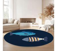Générique Bleu Foncé Tapis 100 cm Rond, Minimaliste Dessin Animé Poisson Tapis Lavable en Machine - Antidérapant Coureur Imprimé pour Salon Salle à Manger Chambre d’Enfant nurserie