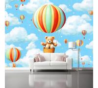 Générique Bleu Papier Peint Intissé,Art Numérique Montgolfières Ours En Peluche Imprimer Papier Peint Mural pour Salon Chambre Fond Décor TV - Photo Mural Art Tableaux Muraux 250 x 175 cm（WxH
