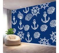Générique Bleu Papier Peint Mural, Nautique Classique Éléments De L'Océan Intissé Panoramique Décoration Murale pour Fond de TV - Impression Définition Poster Mural 250 x 175 cm（WxH