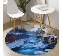 Générique Bleu Tapis Rond 100 cm Rond,Antidérapant Lavable en Machine pour Salon - Forêt De Pins Moderne Et Rocheuse Tapis Thèmes Imprimé pour Salle à Manger Chambre