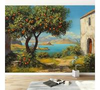 Générique Bleu-Vert 3D Papier Peint Intissé Panoramique 400 x 280 cm Campagne Oranger Montagnes Grandes Murales Poster pour Salon, Adulte Chambre d'enfants, Étude Décoration