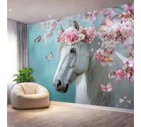 Générique Bleu-Vert Papier Peint Mural, Fleurs De Cerisier Photographie De Printemps Intissé Panoramique Décoration Murale pour Fond de TV - Impression Définition Poster Mural 150 x 105 cm（WxH