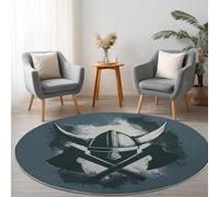 Générique Bleu-Vert Tapis Rond Lavable en Machine 100 cm, Casque Viking Hache - Tapis Rond imprimé antidérapant à Poils Courts pour Salon, Chambre d'enfant, décoration de Chambre