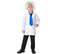 Générique Blouse Blanche Enfant avec 1 Cravate + 1 Perruque Blouse Chimie Coton Enfant Blouses Manche Longue Blouses Medicale avec 2 Poche pour Lycée Étudiant Hospital Science Cosplay 3-14 Ans