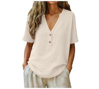 Générique Blouse Femme en Coton Lin Coupe Ample Col V À Manches Courtes Haut Décontracté À Deux Boutons Tunique D'été Couleur Unie pour Bureau Sorties Vacances Taille S À XXL 2026