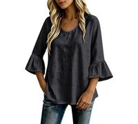 Générique Blouse Femme Lin Mélangé Col Rond, 3/4 Manches Évasées Cloche, Coupe Ample Décontractée Été
