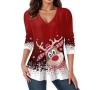 Générique Blouse Noel à Col V T-Shirts Pull de Noel Femme pour Femmes Tunique Tops Imprimée Pull Noel,Blouse Noel à Col V T-Shirts à Manches Longues Grandes Tailles