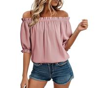 Générique Blouse Stretch à épaules dénudées pour Femme avec Encolure et Manches Bouffantes à Volants Poignets à Volants Coupe Ample et Fluide Couleur Unie(Pink, XL)