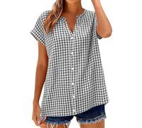 Générique Blouses Élégant Haut à Carreaux à Manches Courtes Classique Saisons Haut Décontracté Chemise à Carreaux Décontractée à Boutons Coupe Ample Blouse Confortable (Light Gray, XL)