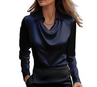 Générique Blouses for Women Dressy Casual, Cowl Neck Long Sleeve Satin Silk Blouse, Elegant School Office Work 2025 Fall Outfits (Dark Blue,3TG)