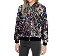 Générique Blouson Aviateur à Paillettes Colorées pour Femme Blazer Brillantes avec Fermeture éclair à l'avant Manteau Tendance pour Concert, Fête, Noël, Danse, Multicolore