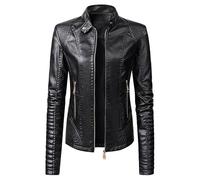 Générique Blouson De Moto Cuir Femme Blouson De Motard Col Montant PU Bombers Aviateur Moto Blouson Zippé À Manches Longues Veste en Cuir Vintage Manteau Court Chaud Casual Biker Jacket