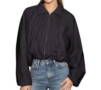 Générique Blouson Femme Col Plissé sur le Devant Fermeture Éclair Intégrale Coupe Courte Ample Manches Longues Tissu Léger Streetwear Polyvalent Pour Printemps et Automne (Black, L)