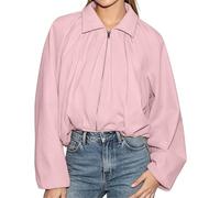 Générique Blouson Femme Col Plissé sur le Devant Fermeture Éclair Intégrale Coupe Courte Ample Manches Longues Tissu Léger Streetwear Polyvalent Pour Printemps et Automne (L)