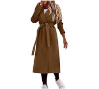 Générique Blouson Femme Hiver Manteau Chaud Femme Long Ceinture Taille Revers Large Tissu Laine Épais Pour Automne Hiver Sortie Travail Loisirs Décontracté B-Marron, XXL