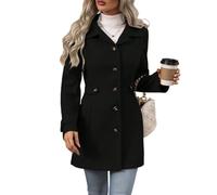 Générique Blouson Femme Hiver Manteau Chaud Femme Mi-Long Ceinturé Revers Large Boutons Simples Tissu Laine Pour Automne Hiver Sortie Travail Loisirs Décontracté Élégant Noir, XL