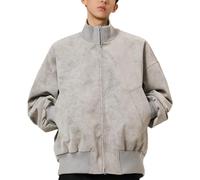 Générique Blouson Homme en Cuir Vieilli Court, Veste Style Baseball à Col Montant, Veste d'Aviateur Vintage pour Automne, Blouson Moto Décontracté à Épaules Droites(Grey, M)