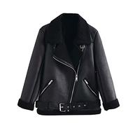 Générique Blouson Moto Femme Veste Cuir Faux Biker Courte Manches Longues Zippé Chaud Avec Revers Cintrée Poches Unie Slim Fit Hiver Mode Casual A-Dark Gray, M