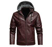 Générique Blouson Moto Homme a Capuche Veste Cuir Hiver Chaude Bombers avec Poche Zippé Aviateur en Peluche Jacket Couleur Unie Vestes d'Extérieur Manteau Décontractée Coat Vin XL
